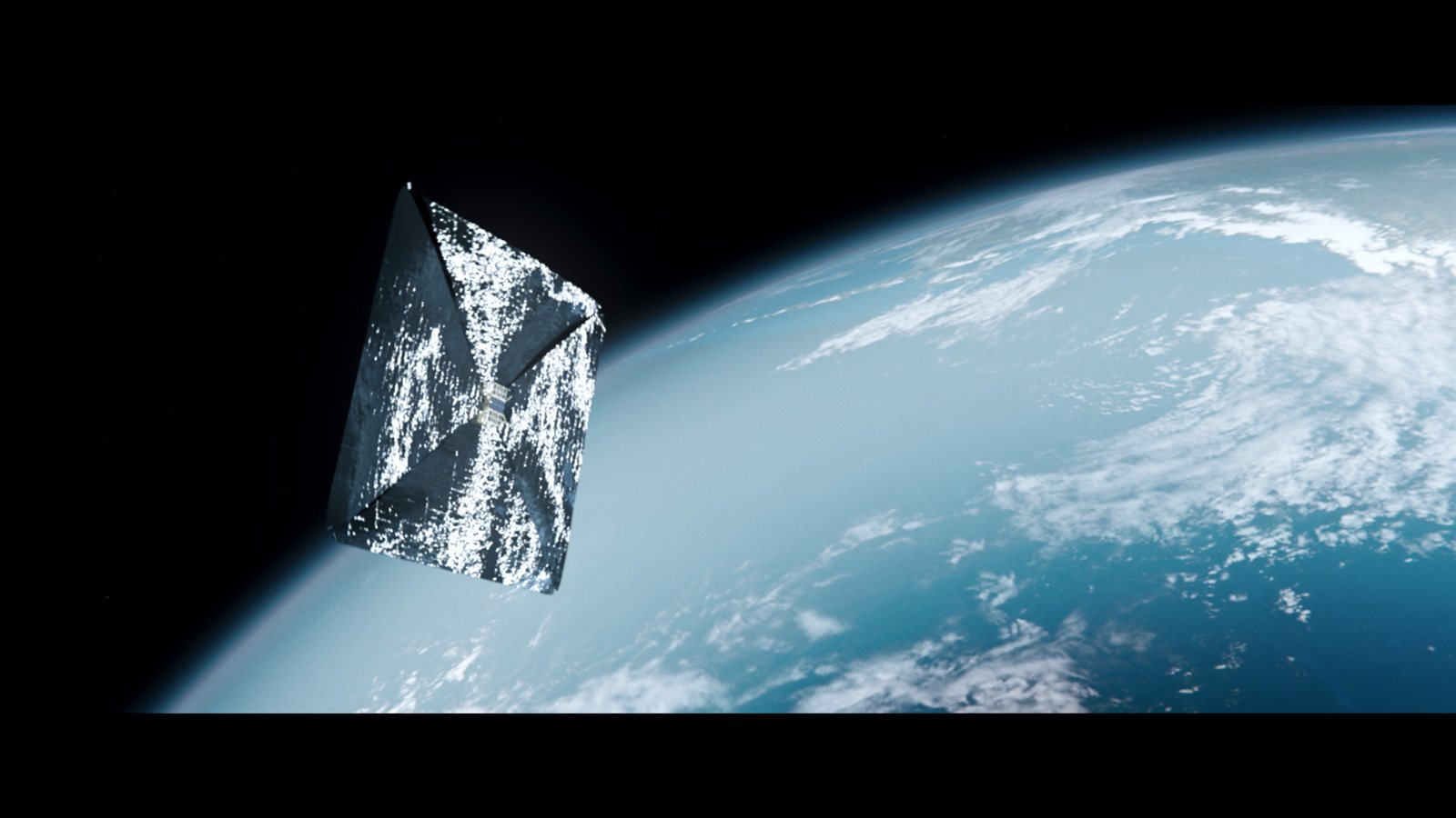 Render of Gama Alpha in low Earth orbit with its solar sail fully deployed above the Earth's limb.